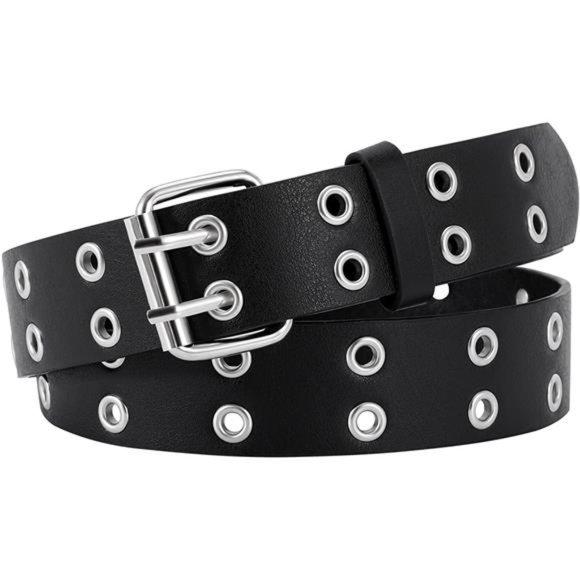 XZQTIVE Double Grommet PU Leather Belt Punk metal Jean Belt Wide 1.5 Inch